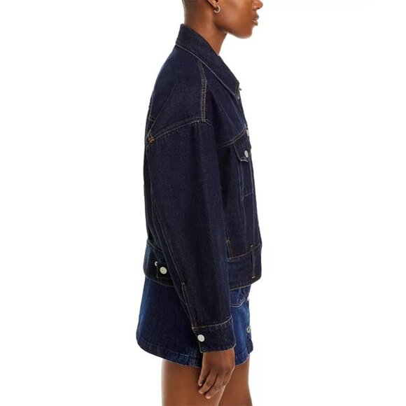 BLANKNYC Wide Hem Trucker Denim Jacket Womens Size XS Dark Blue Oversized Cotton - Picture 4 of 16